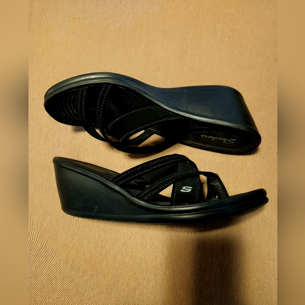 Womens Skechers Black Wedge Sandals